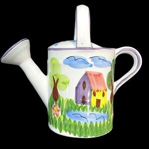 Vintage 1990s Portuguese Pottery Art Watering Can Vase - Hnad Painted Farmhouse